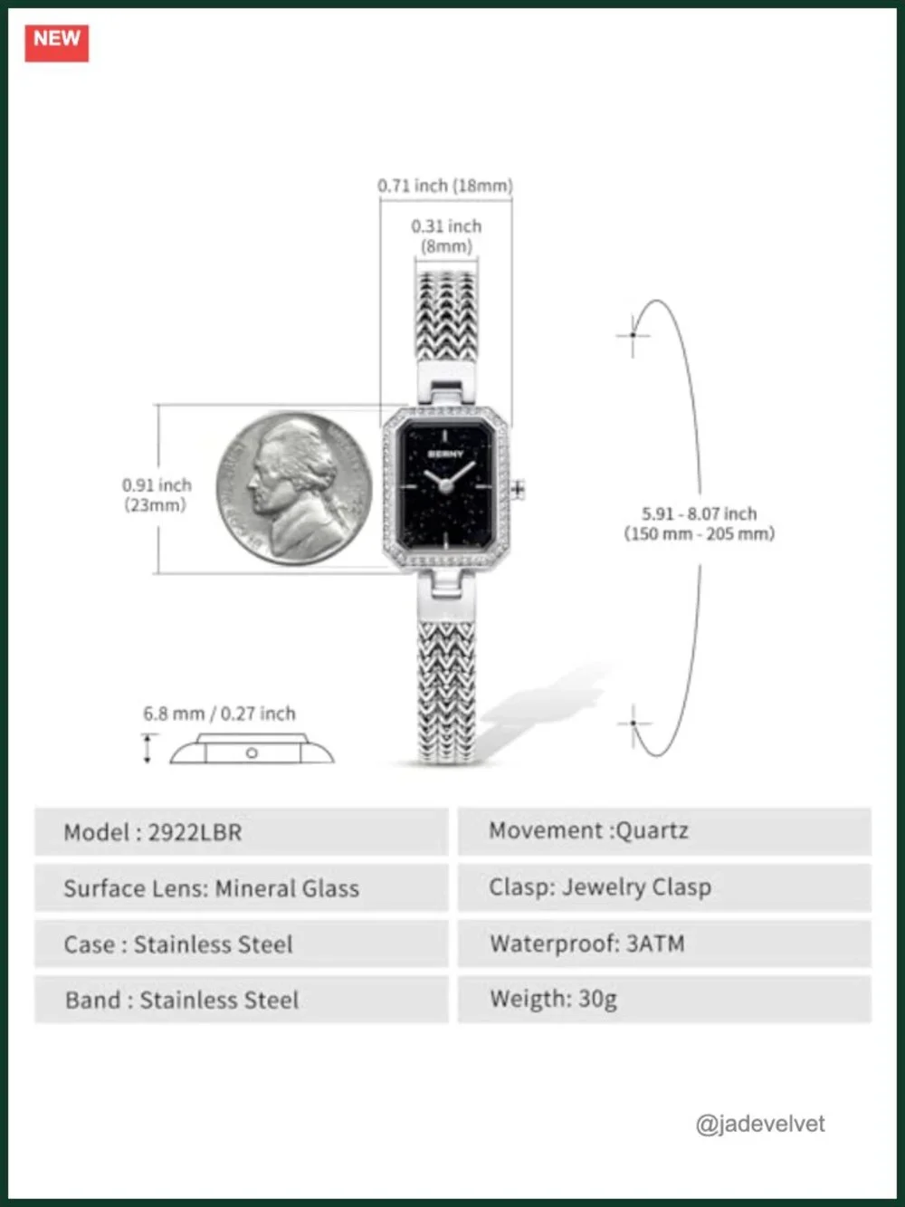 BERNY Dainty Quartz Watch & Bracelet Set for Women Crystal Accent silver-tone